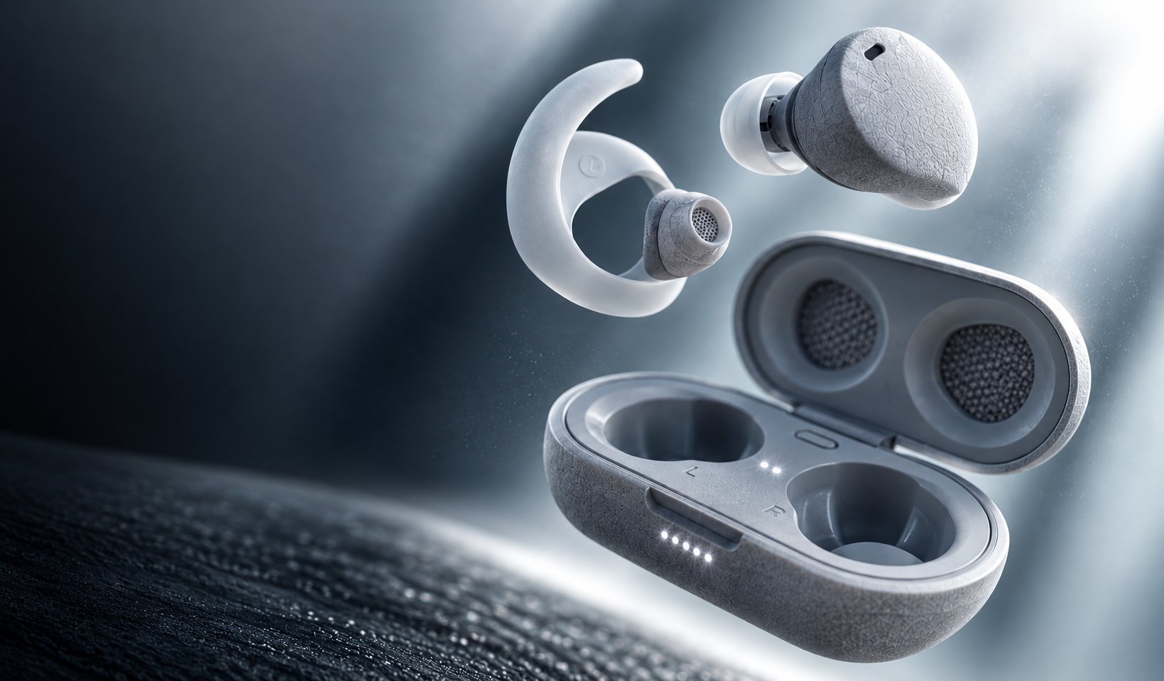 The Adidas FWD-02 wireless earbuds and charging case in a mist-grey textured finish, floating with sound-wave illustrations against a smoky dark background, alongside callouts for sweat proof, secure fit and all-day playtime, and the taglines FWD-02: Move Sound Further and Designed for Movement, Made to Go Further.