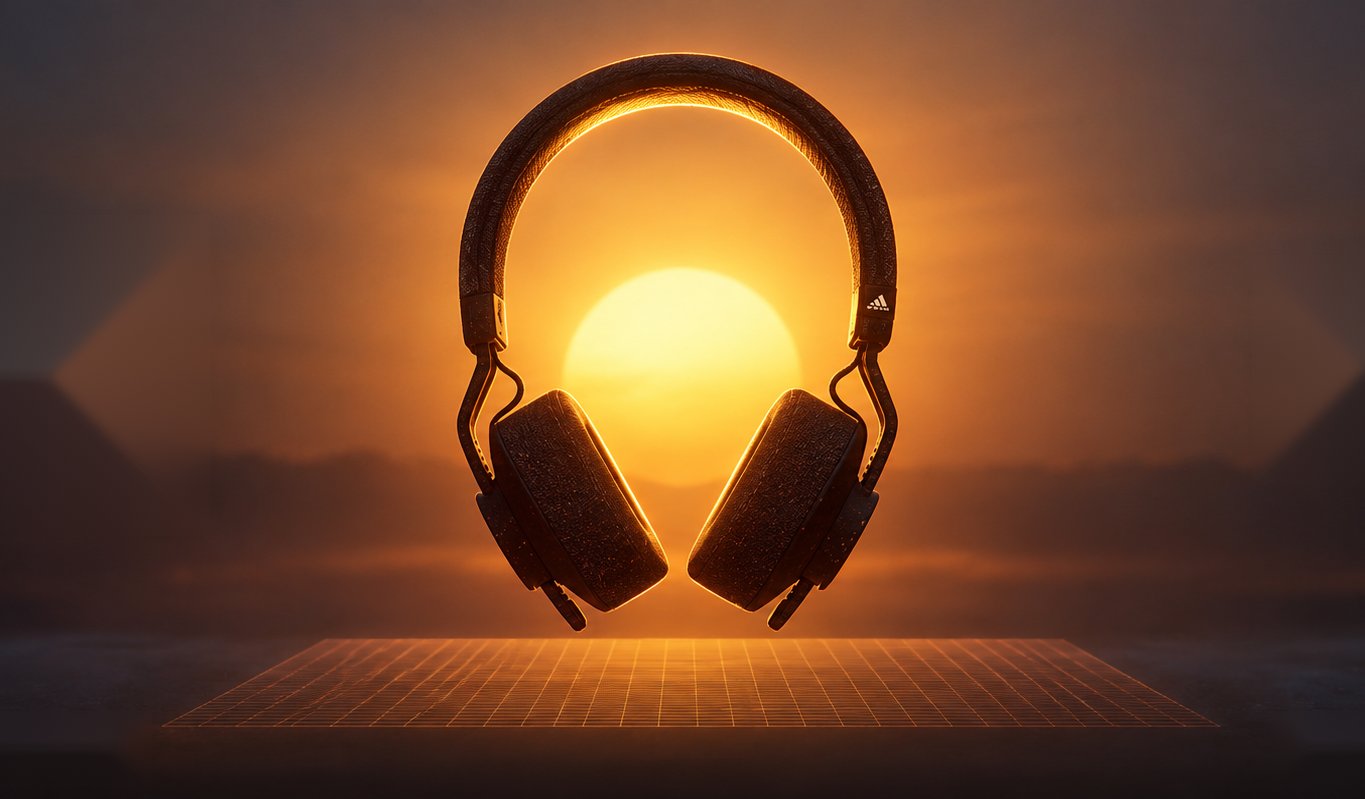 A pair of adidas RPT-02 SOL headphones floating in front of a glowing sunset, with the adidas logo, product name and taglines Sound for a Brighter Tomorrow and Recycled Materials, Real Change, set against a grid-lit platform.