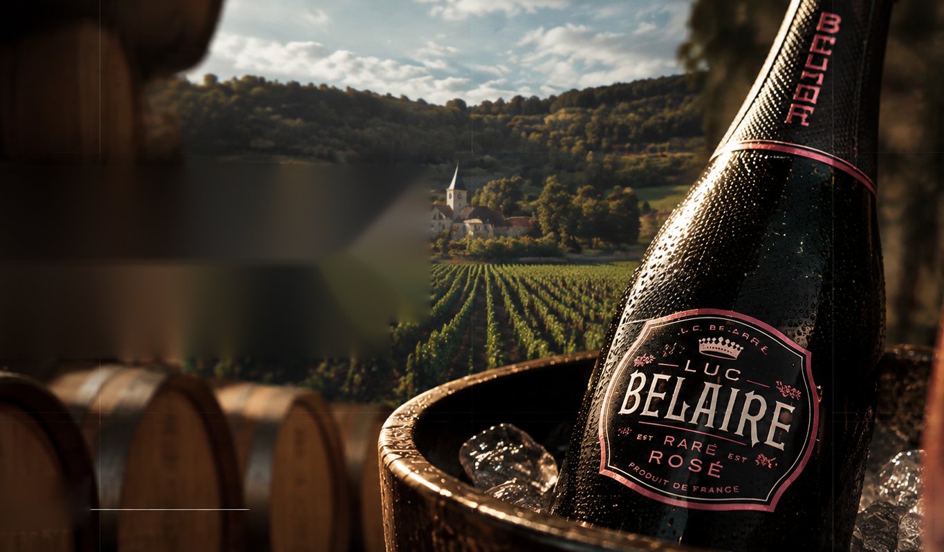 A bottle of Luc Belaire Rosé chilling in an ice bucket beside a wine glass, with vineyard hills and a French village in the background and wine barrels in the foreground, promoting The Art of Winemaking: Heritage x Craft x Modern Culture.