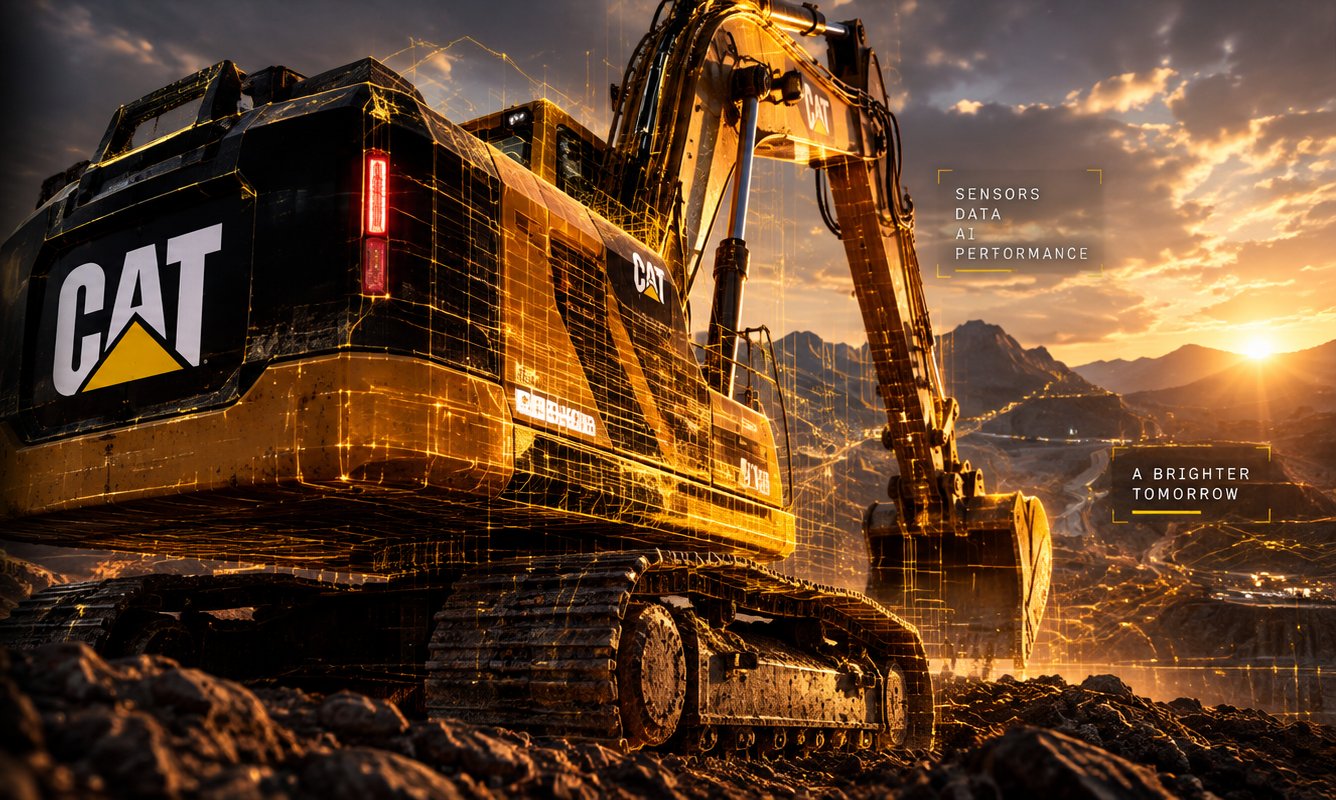A Caterpillar excavator at a construction site at sunset, overlaid with a glowing digital data network representing sensors, AI and connected systems, part of Caterpillar's CES 2026 campaign.
