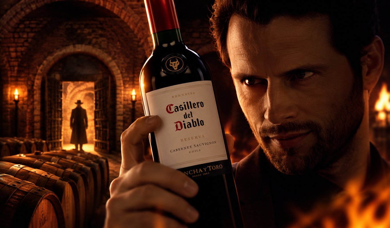 A vampire-like figure examining a bottle of Casillero del Diablo Reserva Cabernet Sauvignon in a candlelit wine cellar, with a cloaked figure in a stone archway and oak barrels in the foreground.