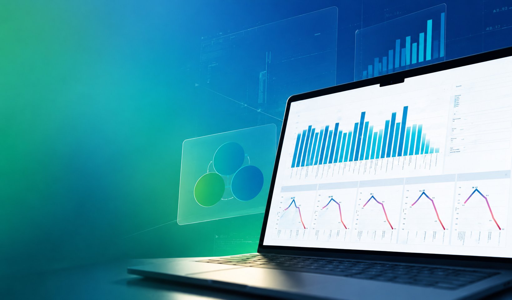 A laptop displaying a performance dashboard of bar charts and trend lines, with holographic data visualisations floating above a blue and green gradient background.