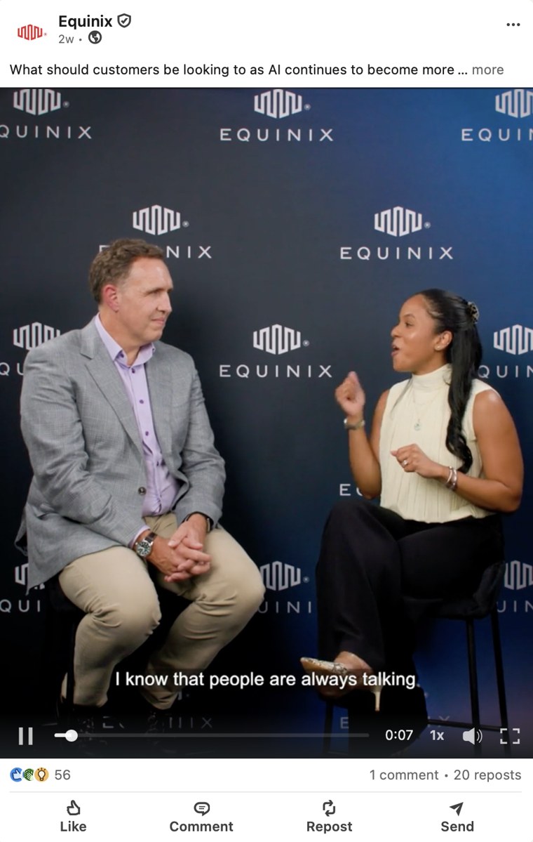 Equinix LinkedIn post: two people in an on-site interview discussing what customers should look for as AI continues to evolve.