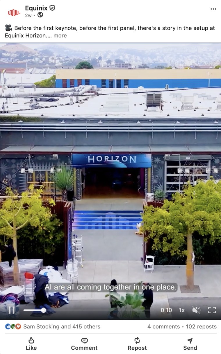 Equinix LinkedIn post: an aerial view of the Equinix Horizon event entrance before the first keynote.