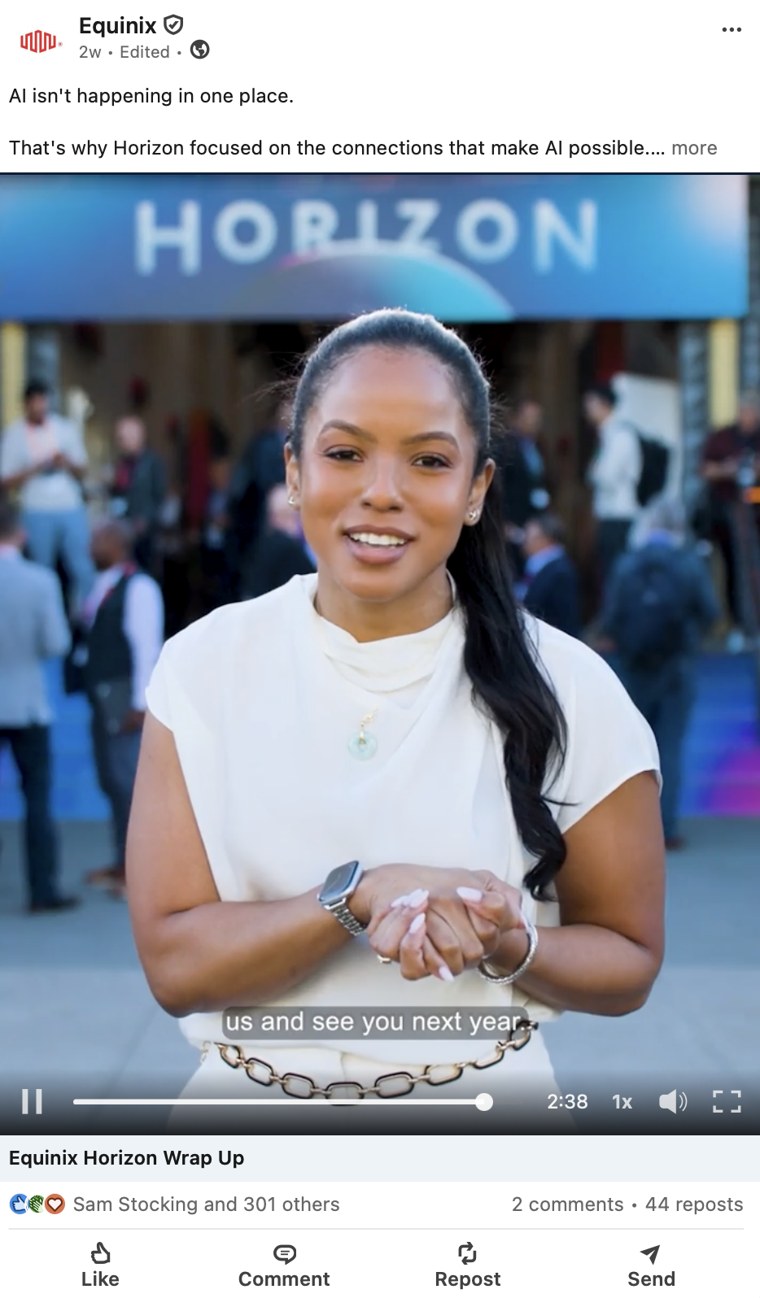 Equinix LinkedIn post: Equinix Horizon Wrap Up video, a presenter speaking on-site about AI and connectivity.