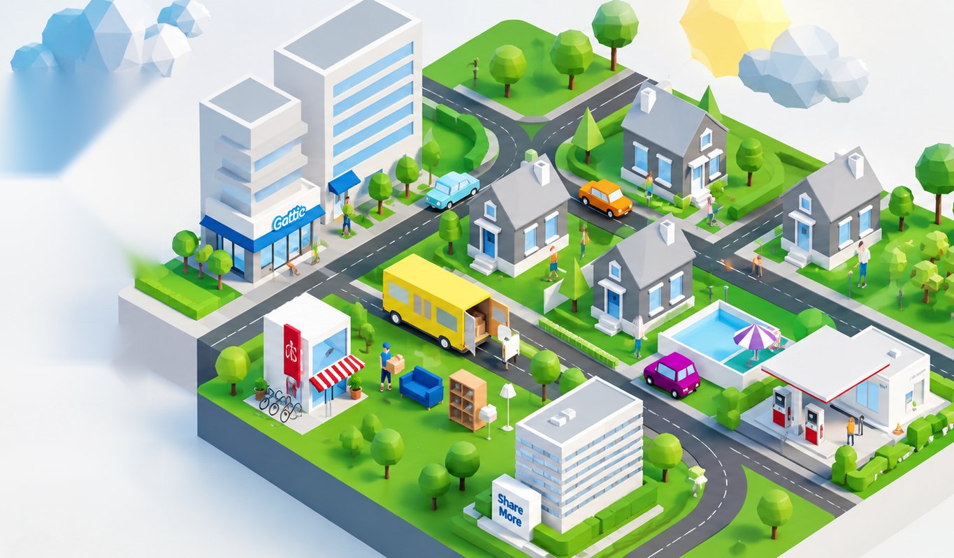 An isometric illustration of a small town showing Gattic in action — homes, shops, vehicles, a moving van and neighbours sharing items — with the tagline Gattic: where we share, a fairer way to buy, sell and share, and icons for Buy, Sell, Share and Sustain.