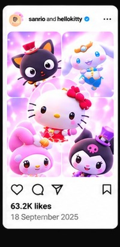 Sanrio and Hello Kitty Instagram post featuring Kuromi, Cinnamoroll, Hello Kitty and My Melody.