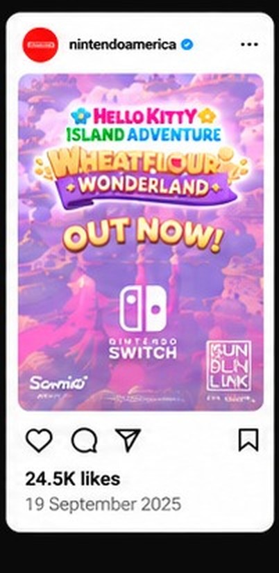 Nintendo of America Instagram post for Hello Kitty Island Adventure: Wheatflour Wonderland, out now.