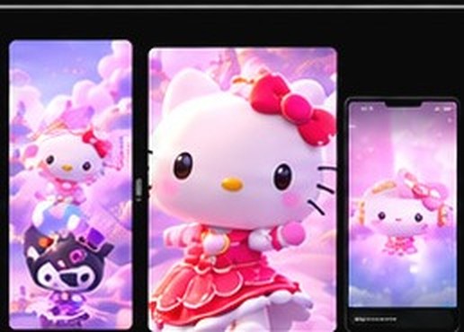Three versions of the same Hello Kitty character artwork cropped for 16:9, 9:16 and 4:5 aspect ratios.