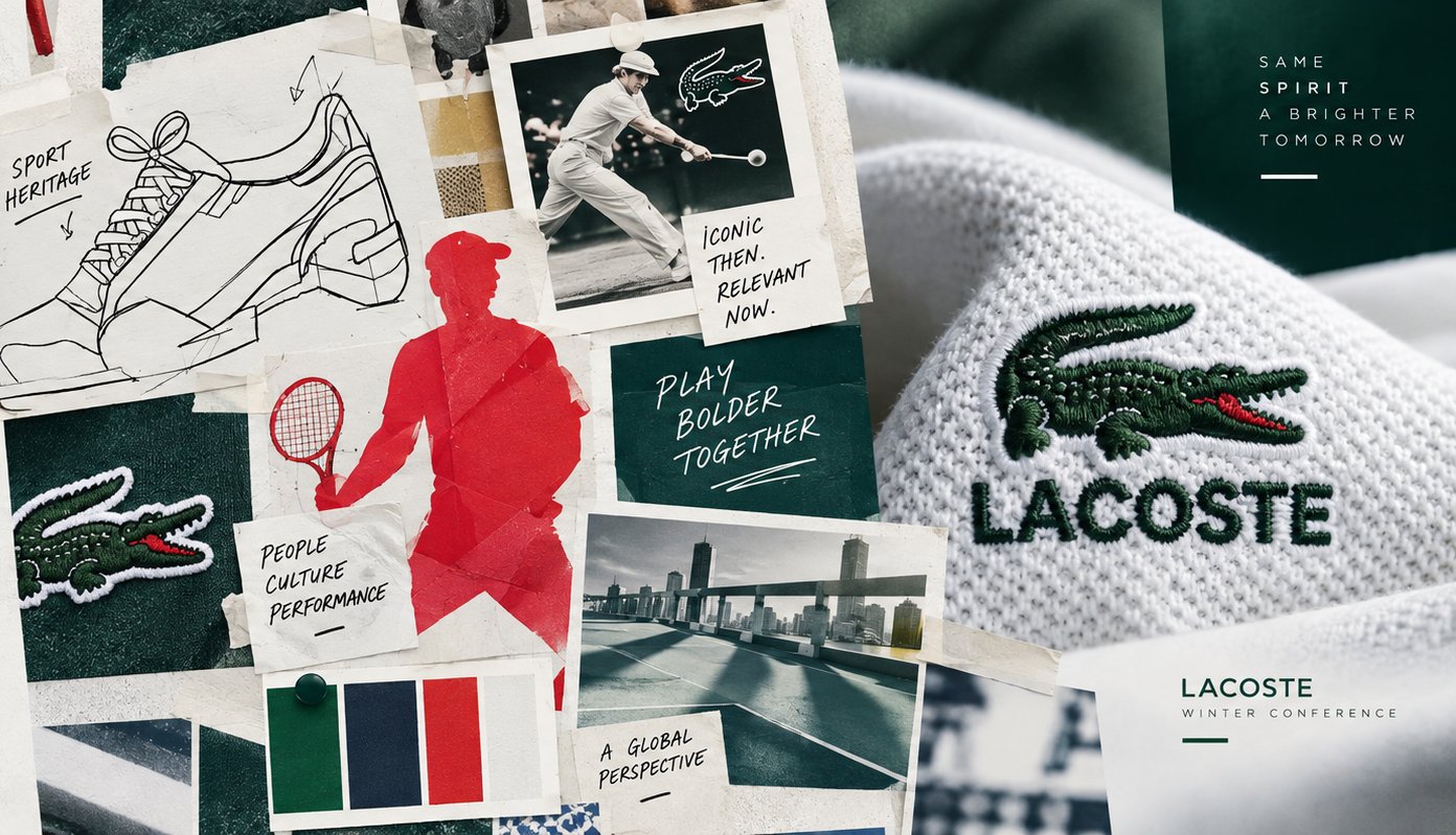 A moodboard collage exploring Lacoste's sporting heritage, including tennis sketches, vintage photography, a red silhouette of a tennis player, fabric swatches and a colour palette, alongside a close-up of a knitted Lacoste beanie with the embroidered crocodile logo.