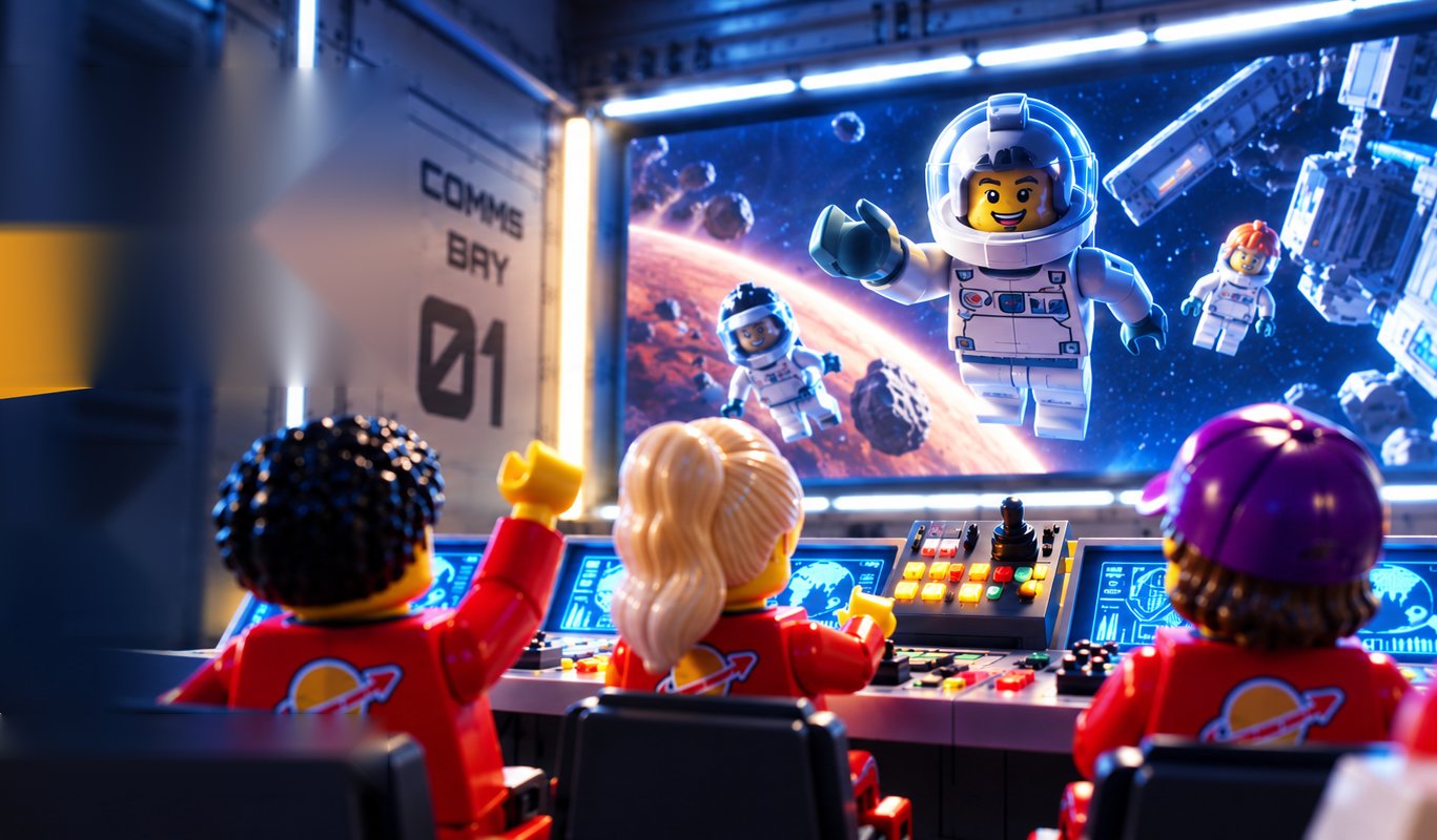 A LEGO City Missions space control room with three young minifigure astronauts watching a large screen showing an astronaut spacewalking near Mars and a space station, part of an award-winning Mission to Mars activation.