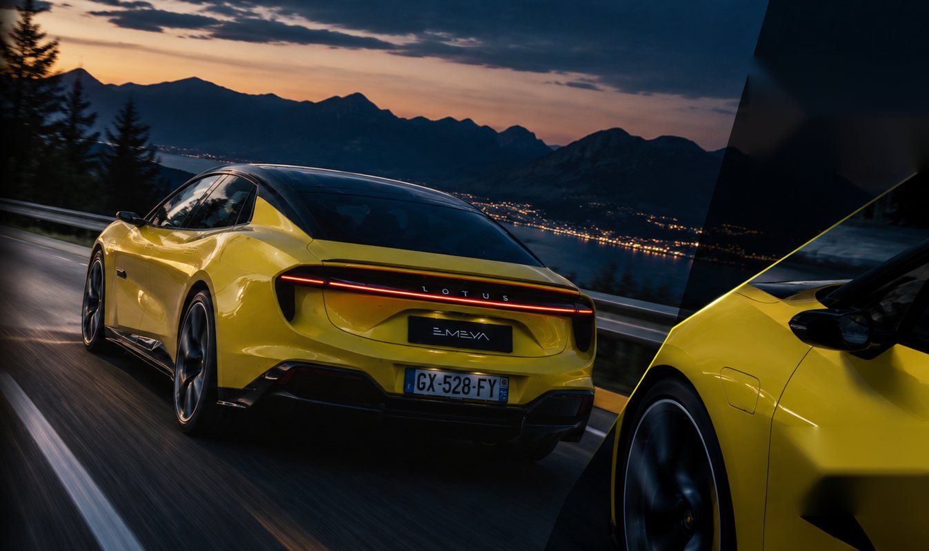 A yellow Lotus Emeya driving along a mountain road at sunset, with a lakeside town visible in the valley below and a close-up of the car's front wing overlaid on the right.