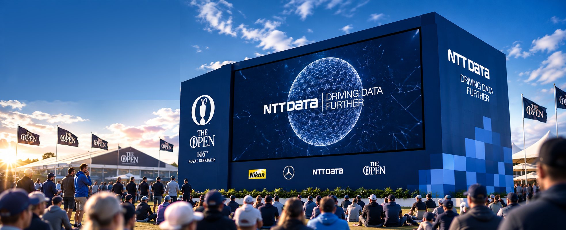 A large NTT DATA video wall at The Open golf championship, reading NTT Data, Driving Data Further, Proud Technology Partner of The Open, with crowds gathered in front of the screen.