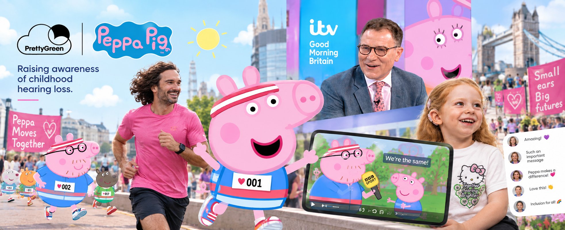 A PrettyGreen and Peppa Pig hearing-loss awareness campaign collage, showing a man running past Tower Bridge dressed as Peppa Pig alongside George Pig, an ITV Good Morning Britain interview, and social media comments celebrating the campaign.