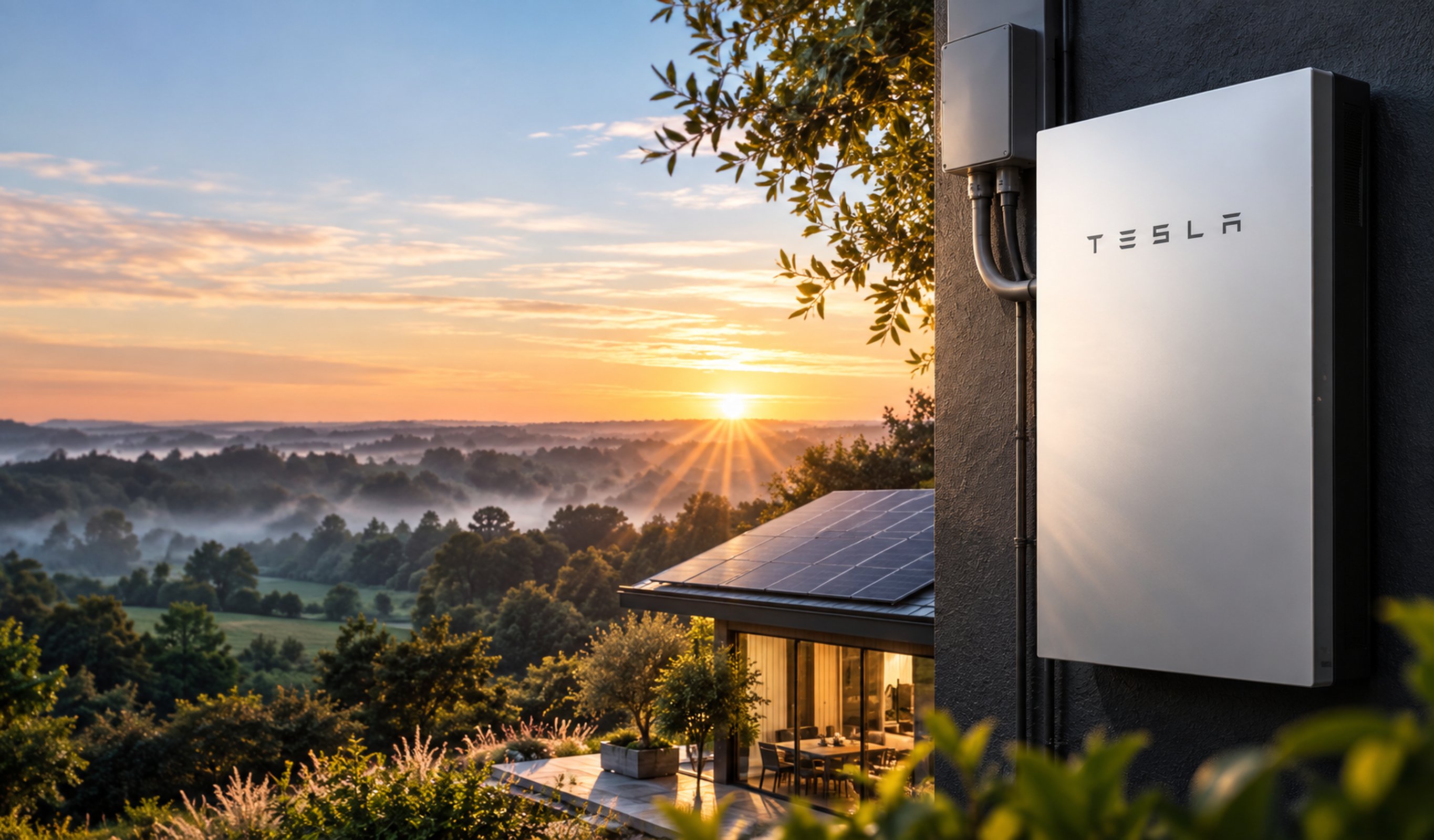 Tesla Powerwall — Robert Llewellyn seated at a table with on-screen graphics showing solar, grid, home and Powerwall energy flow.