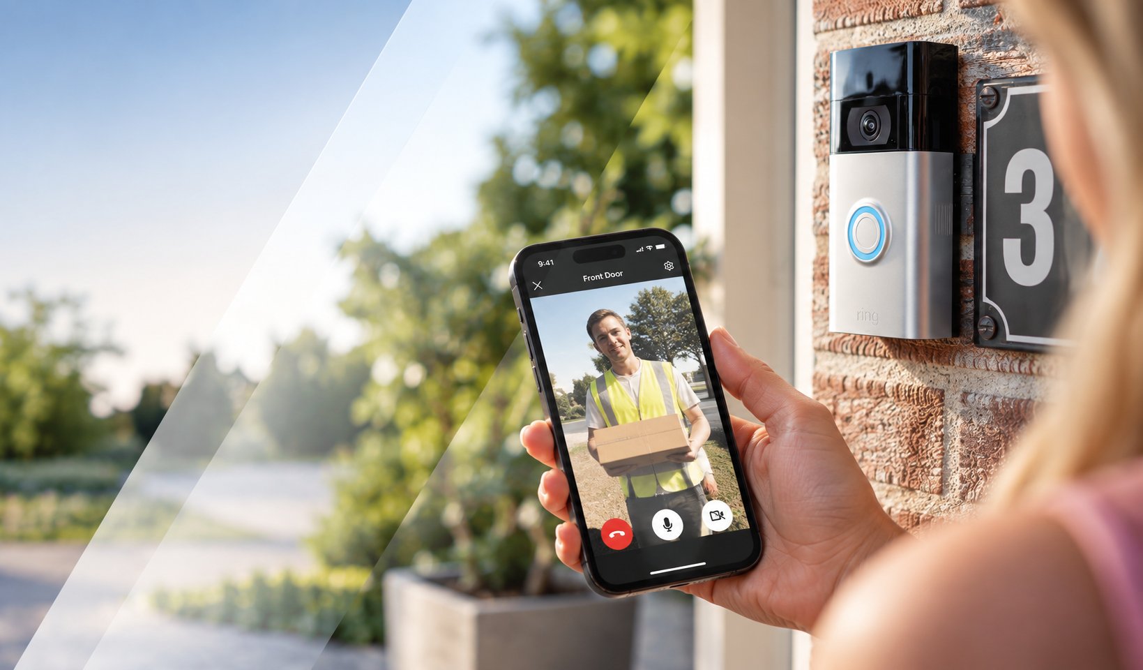 A diagonal split image for Ring: a phone showing a video doorbell call with a delivery driver on the left, the Ring logo and Always home tagline in the centre, and a family walking on the beach beside a Ring doorbell mounted on a brick wall on the right.