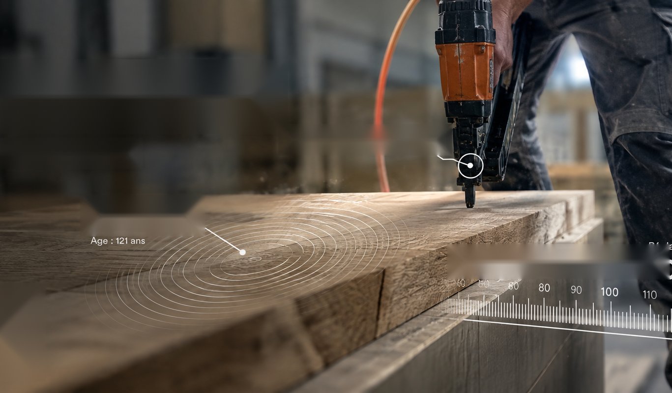 A carpenter using a nail gun on an oak beam in a Schwab System workshop, annotated with technical callouts, next to a finished timber-framed building interior lit by sunlight, with the tagline Construire aujourd'hui les espaces de demain.