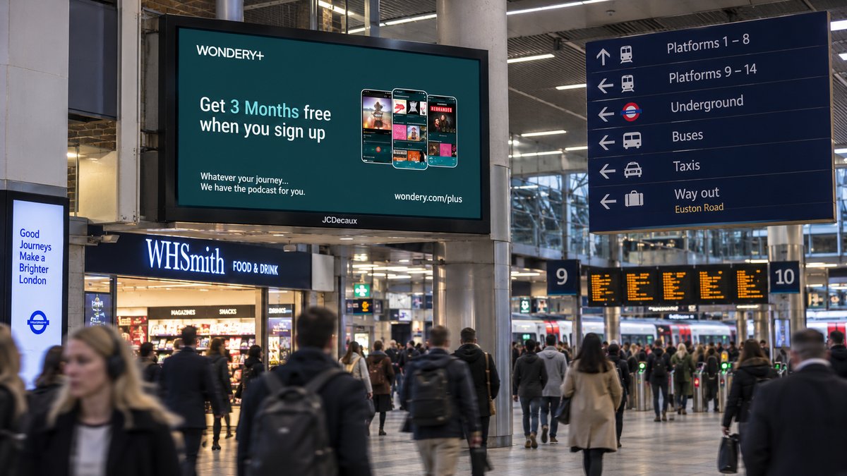 A Wondery+ digital screen reading 'Get 3 Months free when you sign up' with the Wondery app shown on three phones, mounted above a WHSmith shop in a train station concourse.